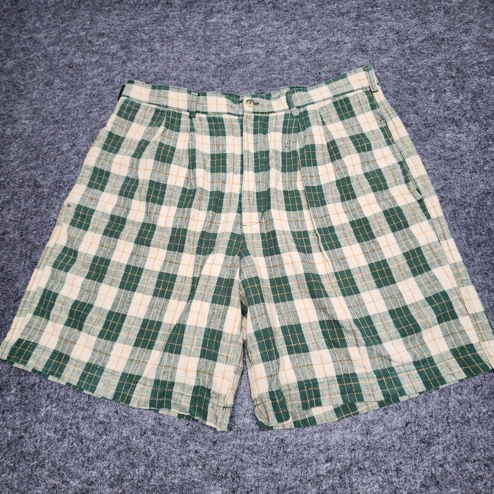 Woolrich Mens Vintage Linen Blend Green Plaid Pleated Shorts Golf Grandpa 38